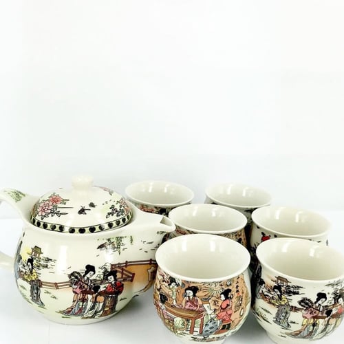 طقم شاي مكون من 8 قطع الكوب دبل مزخرف بالثقافة الص...