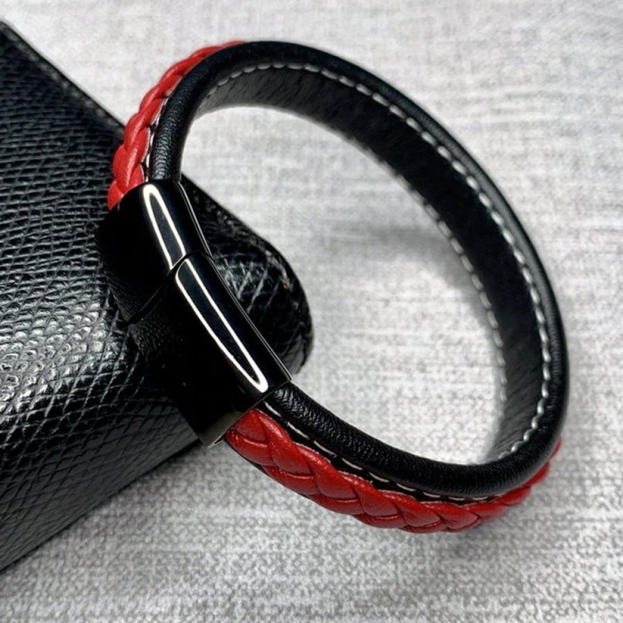 Titanium leather bracelet for men and women, black and red color, black clasp, white thread
