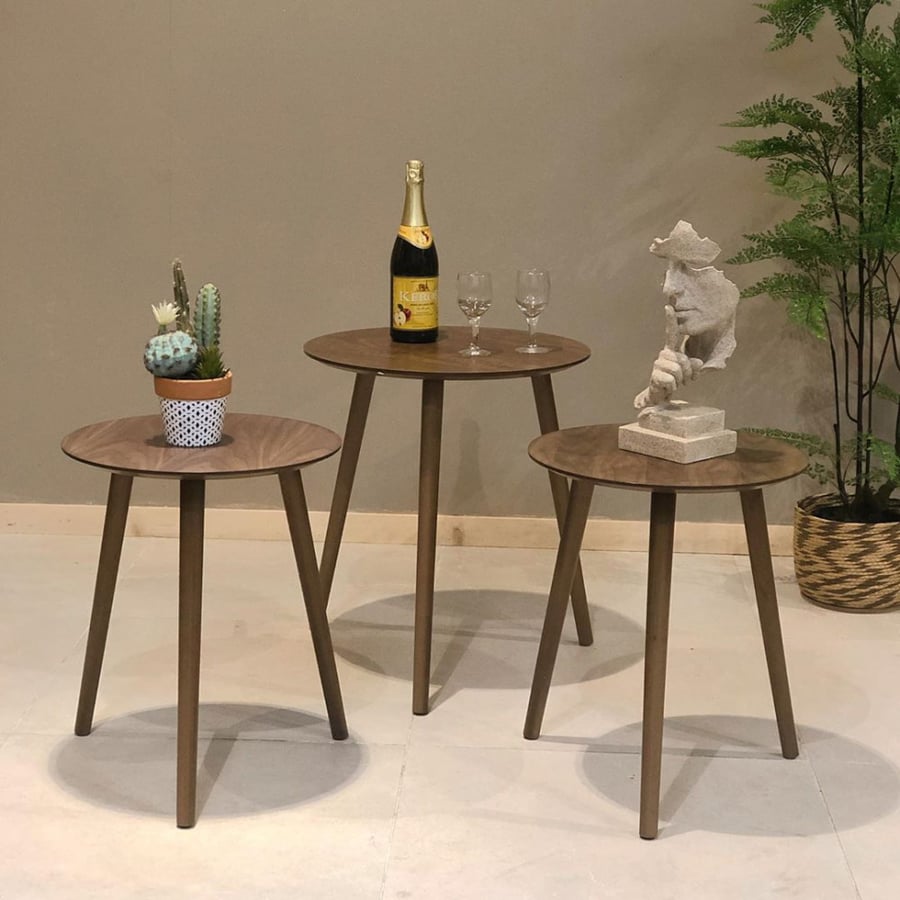 Set of 3 brown wooden tables
