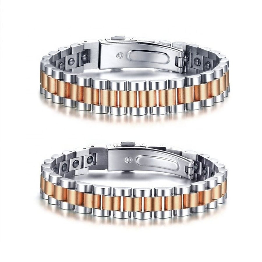 Energy medical bracelet with germanium stone and magnetic stone to rid the body of negative charges and restore activity, shaped as a chain plated with rhodium silver - rose gold