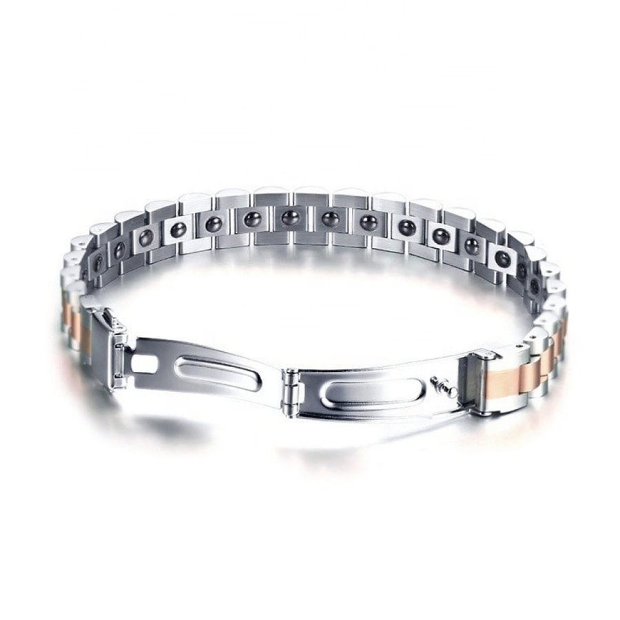 Energy medical bracelet with germanium stone and magnetic stone to rid the body of negative charges and restore activity, shaped as a chain plated with rhodium silver - rose gold