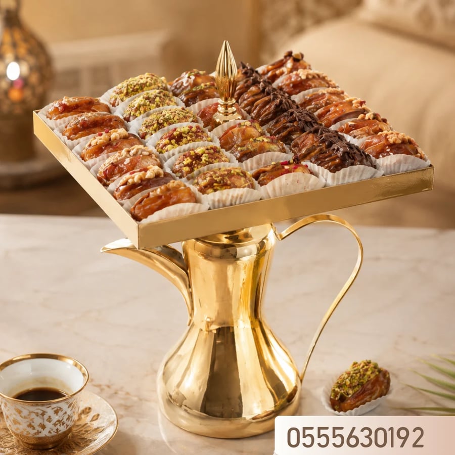 صحن مع دلة تمر محشي