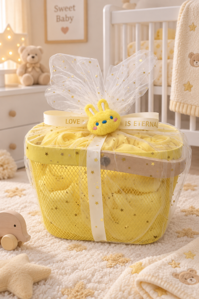 Yellow newborn gift basket 15 pieces – luxurious gender-neutral newborn gift