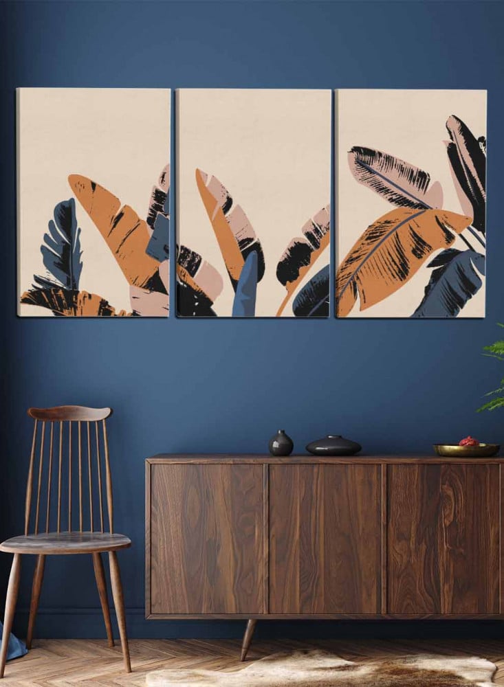 Set of 3 Canvas Paintings on Wooden Frame, Tropical Leaves Design, for Home, Living Room, Office, Decoration
