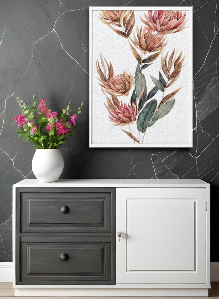 Canvas board on wooden frame with a design of a bouquet of dried flowers