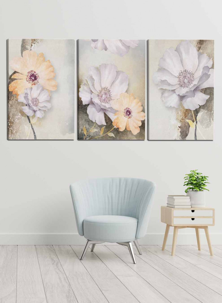 Set of 3 Canvas Paintings on a Wooden Frame, Flowers Group Design, for Home, Living Room, Office, Decoration
