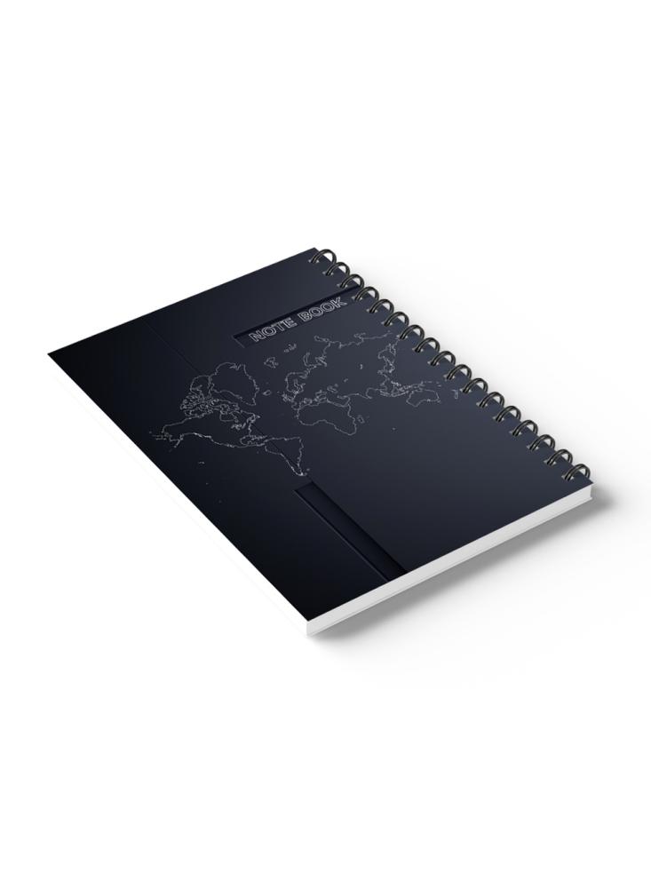 Wire-bound notebook 60 pages with a cover of cardboard featuring a world map design