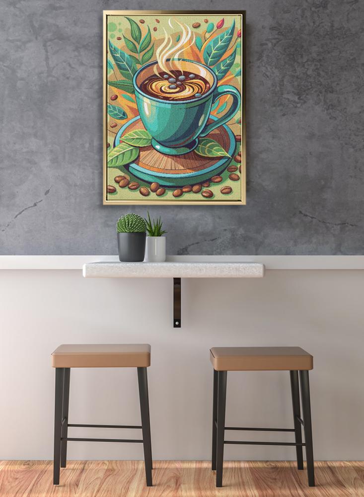 Canvas painting on a wooden frame with a coffee cup design and cocoa leaves