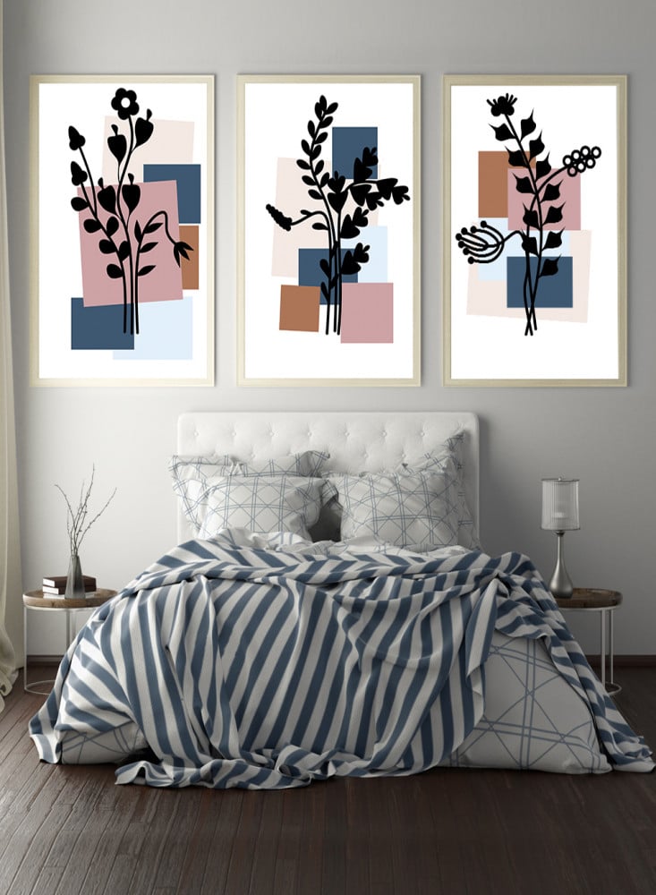 Set of 3 Canvas Paintings on Wooden Frame, Botanical Flowers Design, for Home, Living Room, Office, Decoration