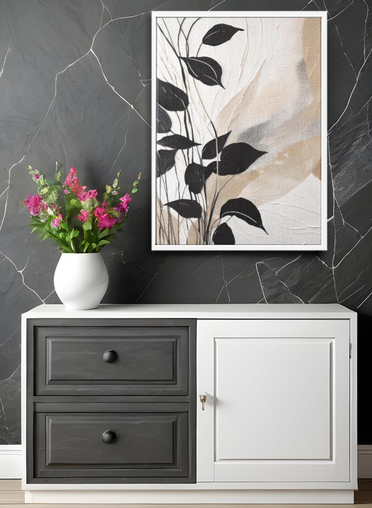 Canvas board on wooden frame with black leaf design