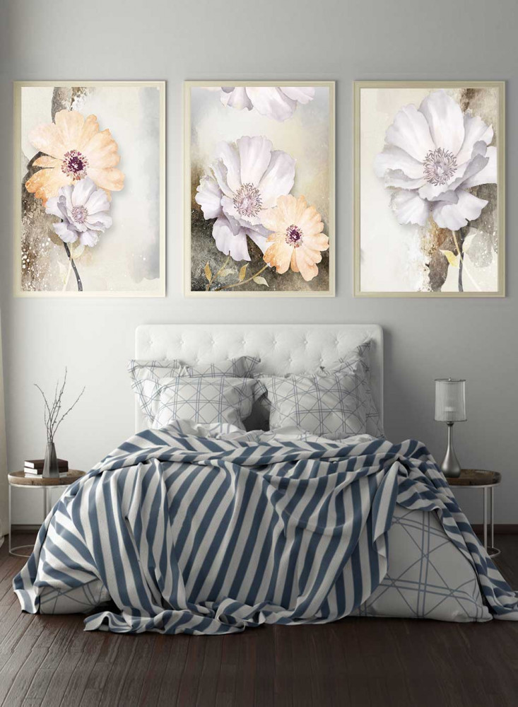 Set of 3 Canvas Paintings on a Wooden Frame, Flowers Group Design, for Home, Living Room, Office, Decoration