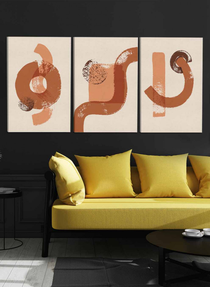 طقم من ٣ لوحات كانفاس على إطار خشبي، تصميم رسم تجريدي بالفرشاة، للمنزل، غرفة المعيشة، المكتب، الديكور