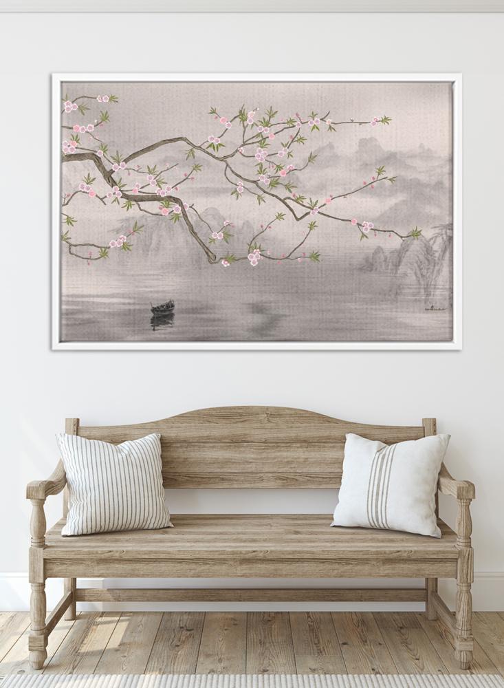 Canvas painting on a wooden frame with a tree design on the lake