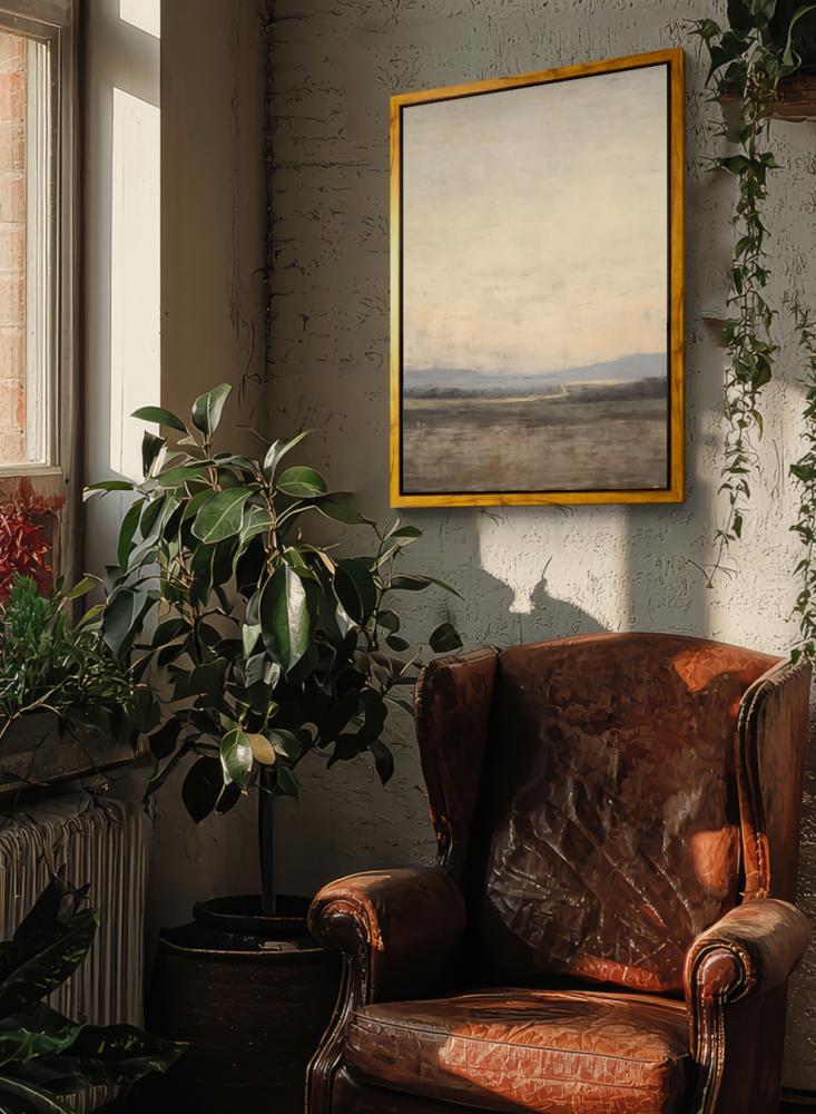 Canvas board on a wooden frame with an outer frame in wood color and a classic abstract art design
