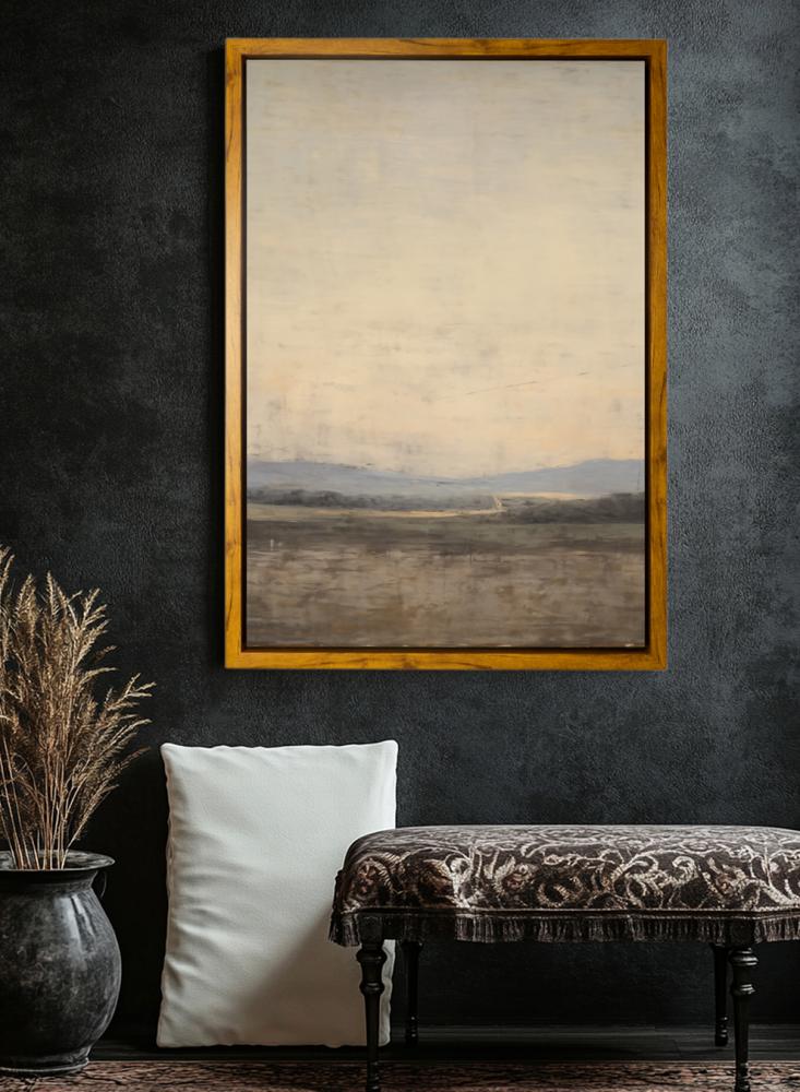 Canvas board on a wooden frame with an outer frame in wood color and a classic abstract art design