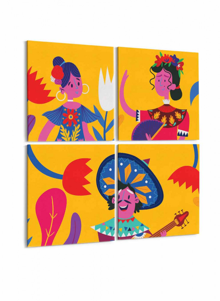 A set of 4 square canvas panels on a wooden frame, artistic design of colorful characters, for home, living room, office, decoration