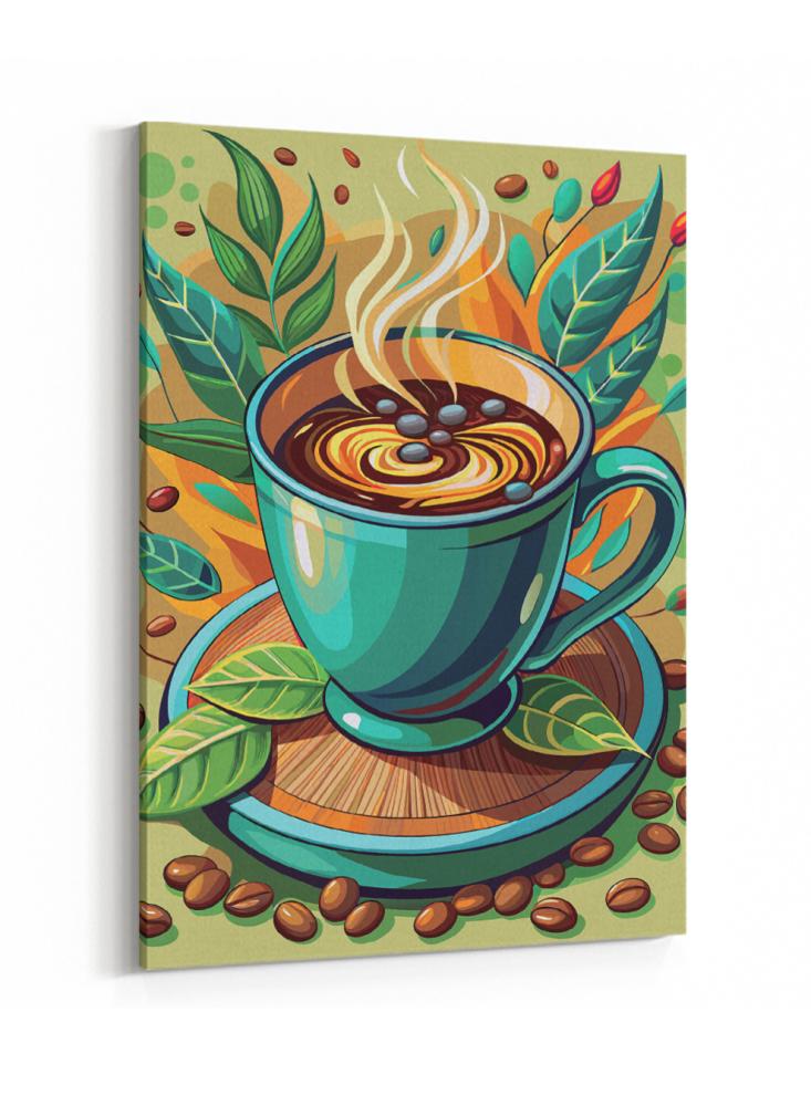 Canvas painting on a wooden frame with a coffee cup design and cocoa leaves