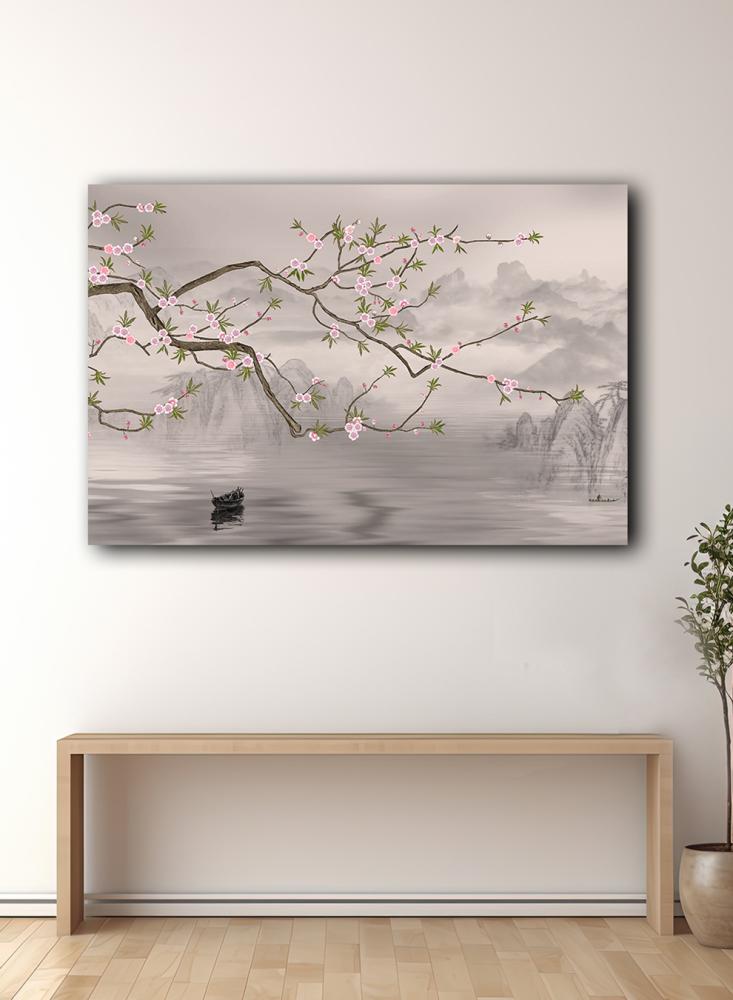 Canvas painting on a wooden frame with a tree design on the lake