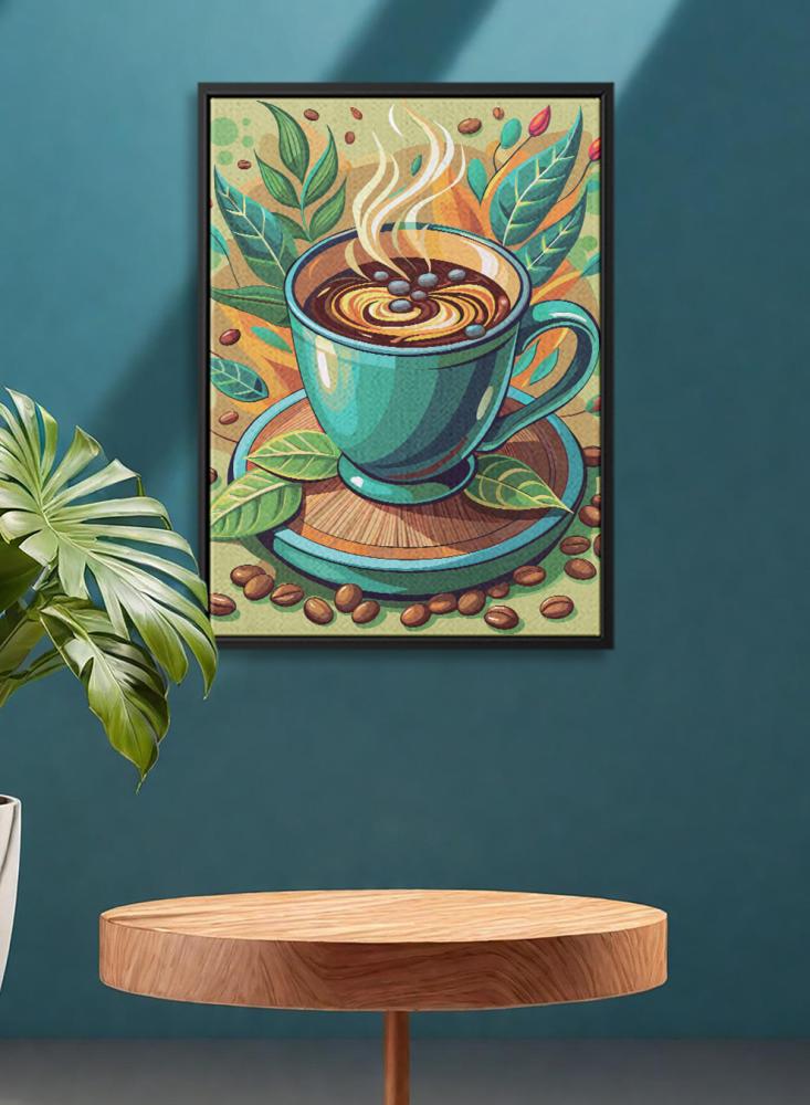 Canvas painting on a wooden frame with a coffee cup design and cocoa leaves
