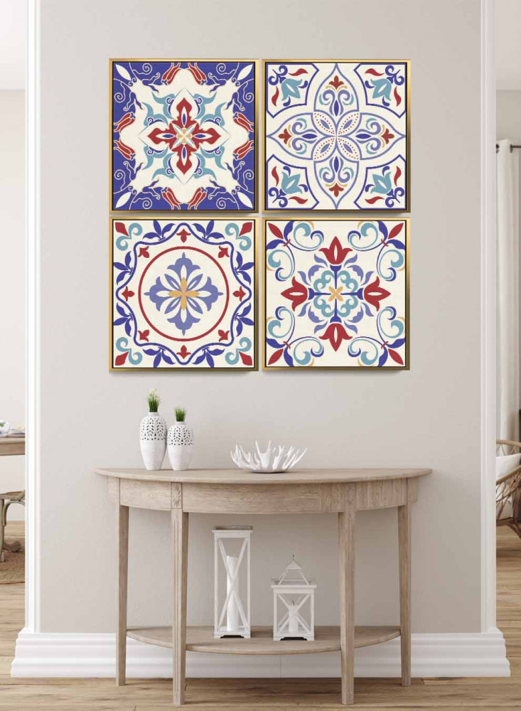 A set of 4 square canvas panels on a wooden frame, ceramic pattern design in vibrant colors, for home, living room, office, decoration