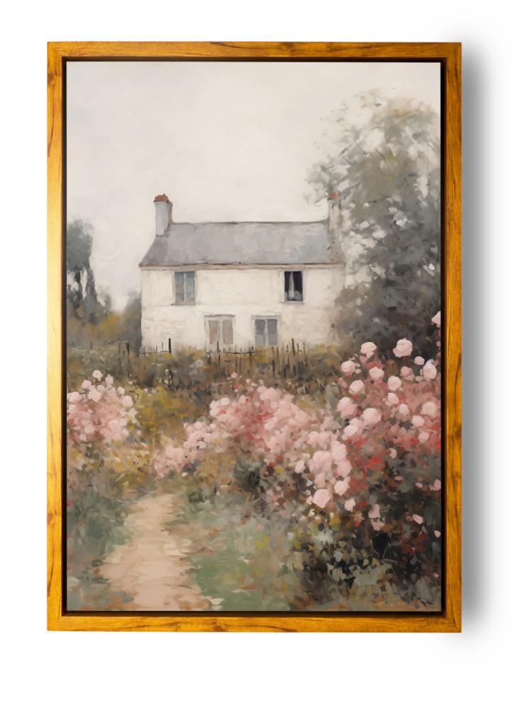 Canvas board on a wooden frame with an outer wooden frame and a classic house design surrounded by flowers