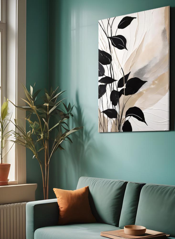 Canvas board on wooden frame with black leaf design