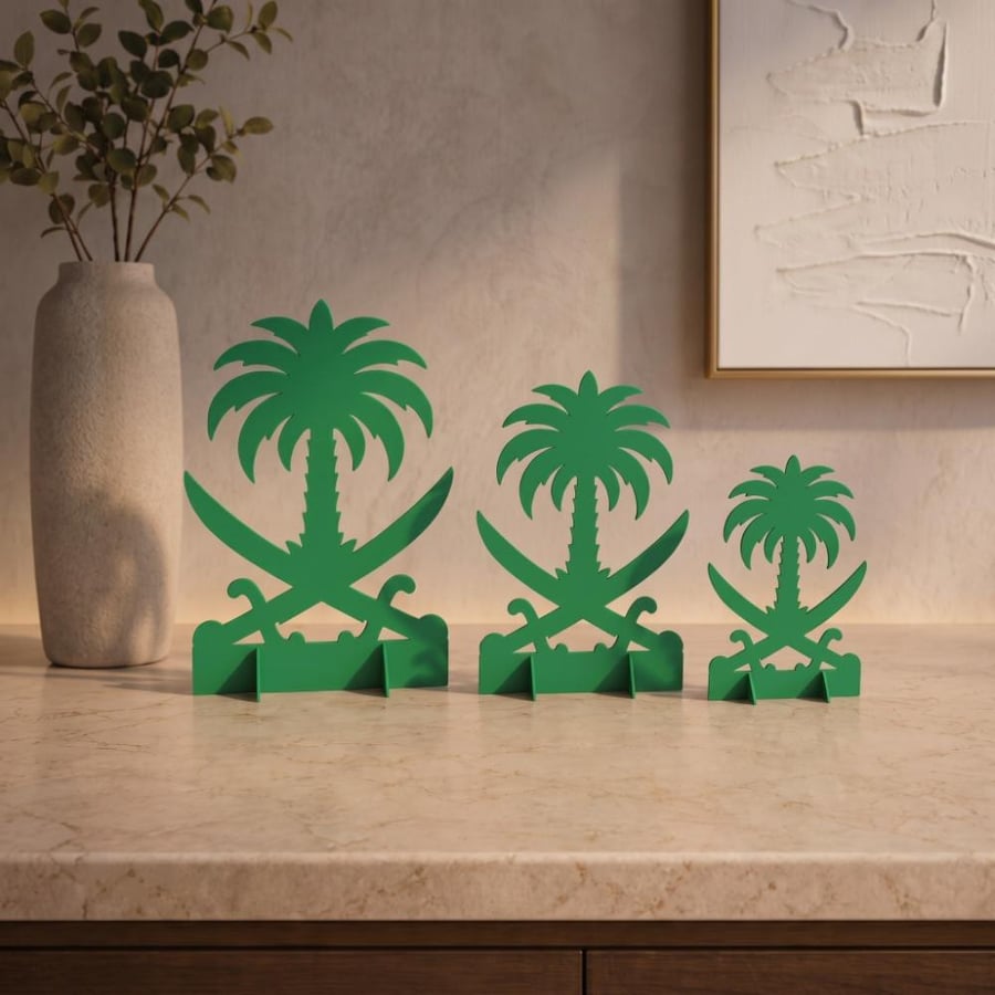 طقم من ٣ ستاندات ديكور من الأكريليك بتصميم مستوحى من الهوية السعودية لاحتفالات اليوم الوطني السعودي ويوم التأسيس والاحتفالات السعودية