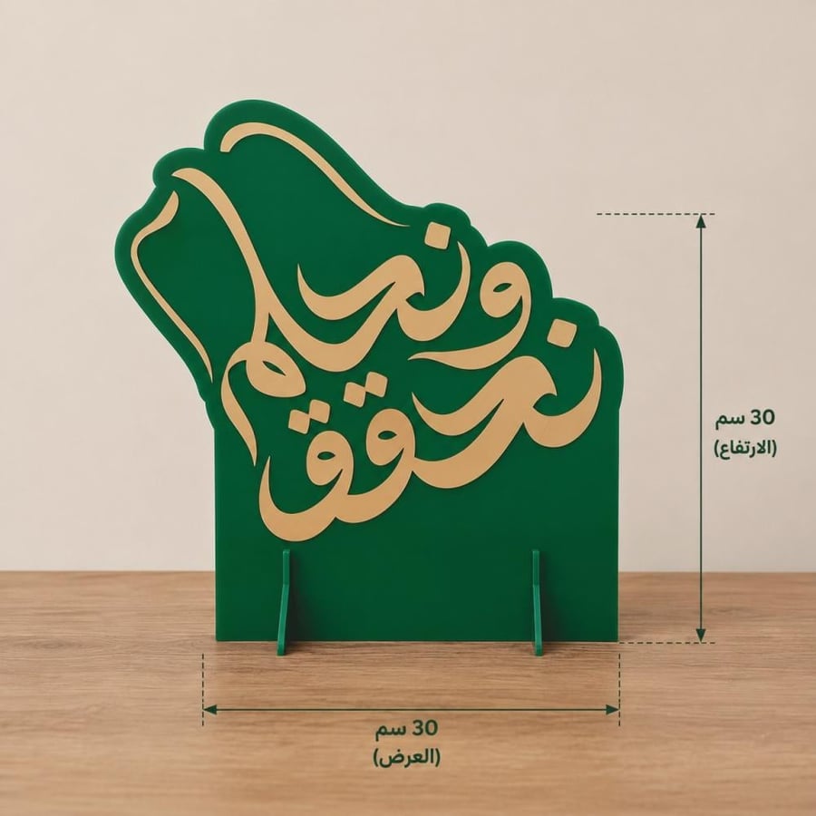 ستاند ديكور من الأكريليك يعرض عبارة نحلم ونحقق لاحتفالات اليوم الوطني السعودي