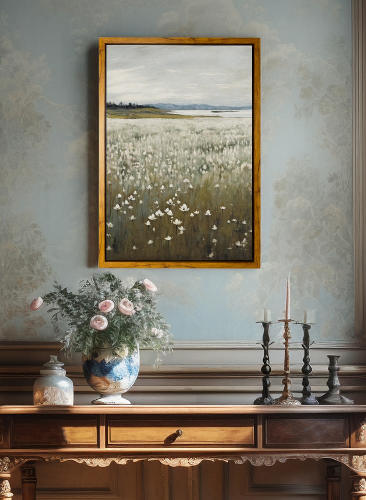 Canvas painting on a wooden frame with an outer frame in wood color and a classic abstract art design of flowers