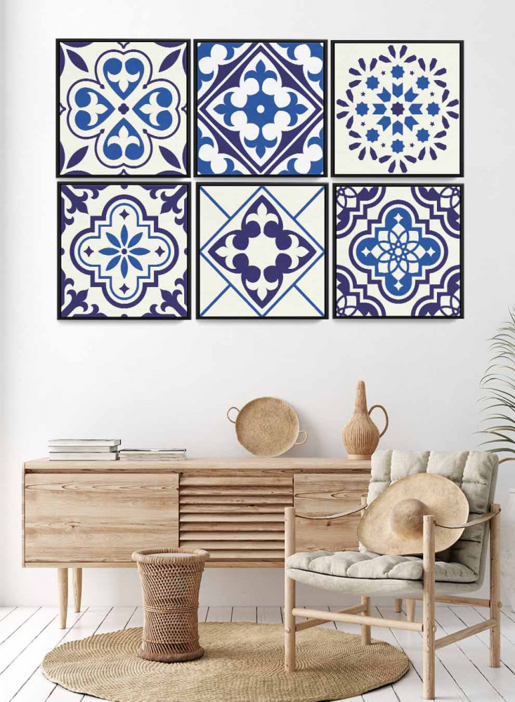Set of 6 square canvas panels on a wooden frame, floral decorative patterns design, for home, living room, office, decoration