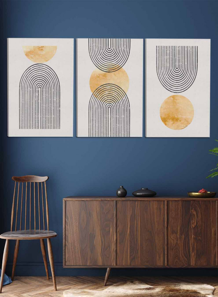 طقم من ٣ لوحات كانفاس على إطار خشبي، تصميم رسم للقمر وخطوط دائرية، للمنزل، غرفة المعيشة، المكتب، الديكور