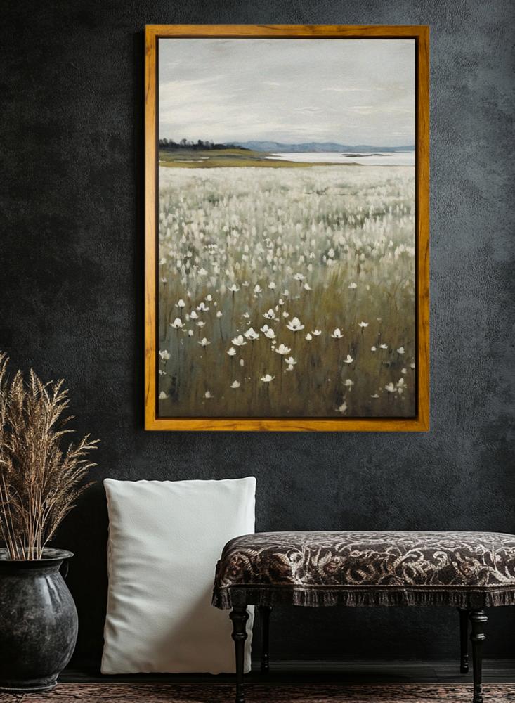 Canvas painting on a wooden frame with an outer frame in wood color and a classic abstract art design of flowers