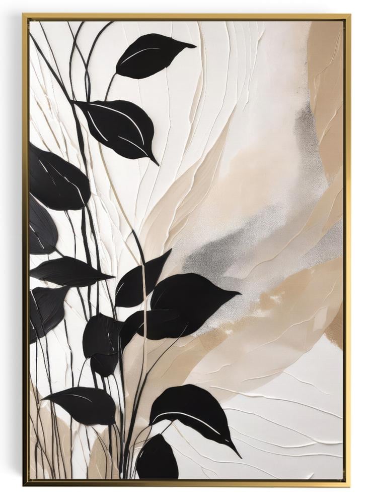 Canvas board on wooden frame with black leaf design