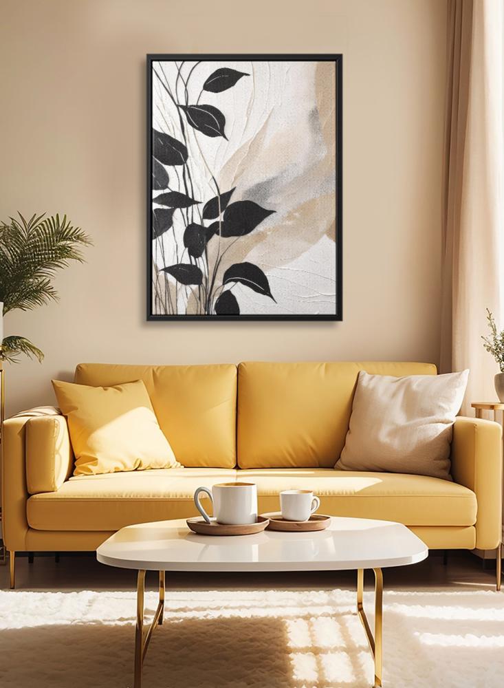 Canvas board on wooden frame with black leaf design
