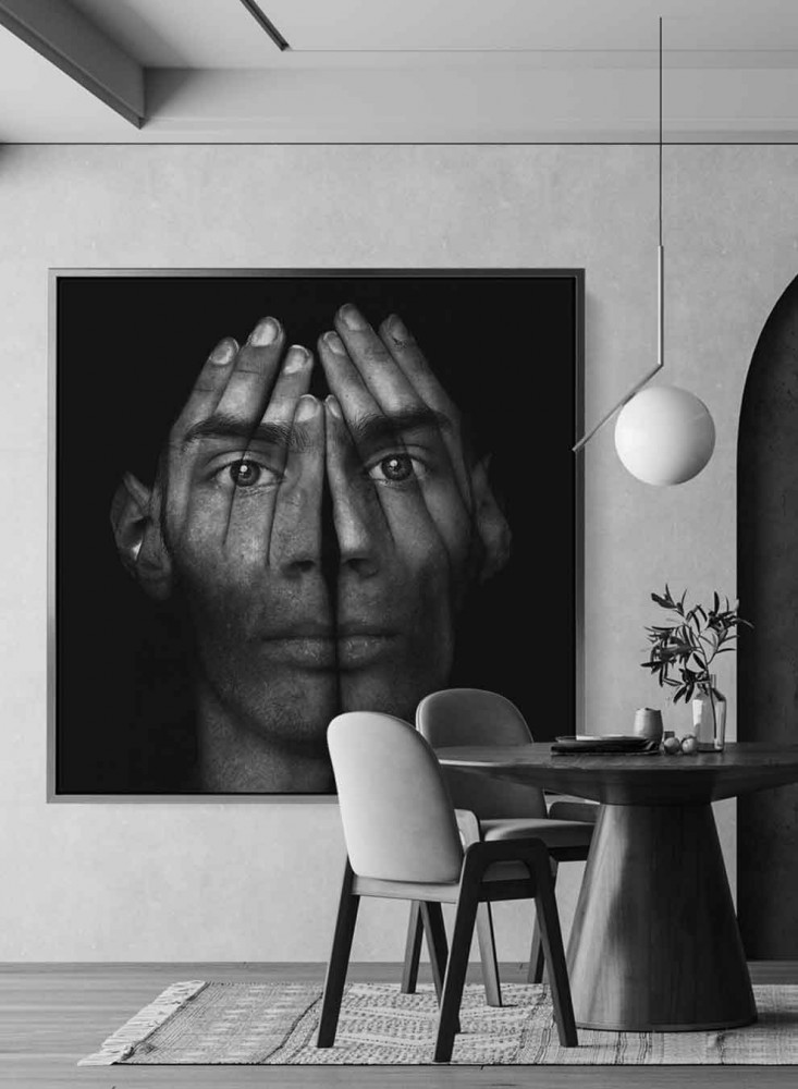 Canvas square painting on wooden frame, design of a man covering his face, for home, living room, office, decoration