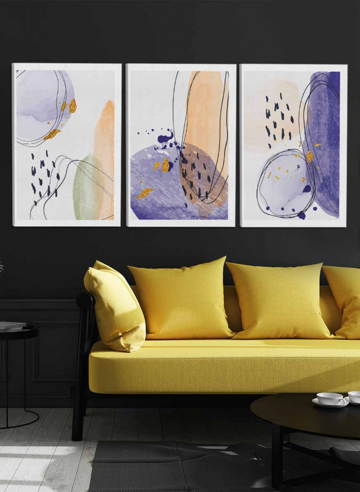 طقم من ٣ لوحات كانفاس على إطار خشبي، تصميم رسم تجريدي بالألوان المائية، للمنزل، غرفة المعيشة، المكتب، الديكور