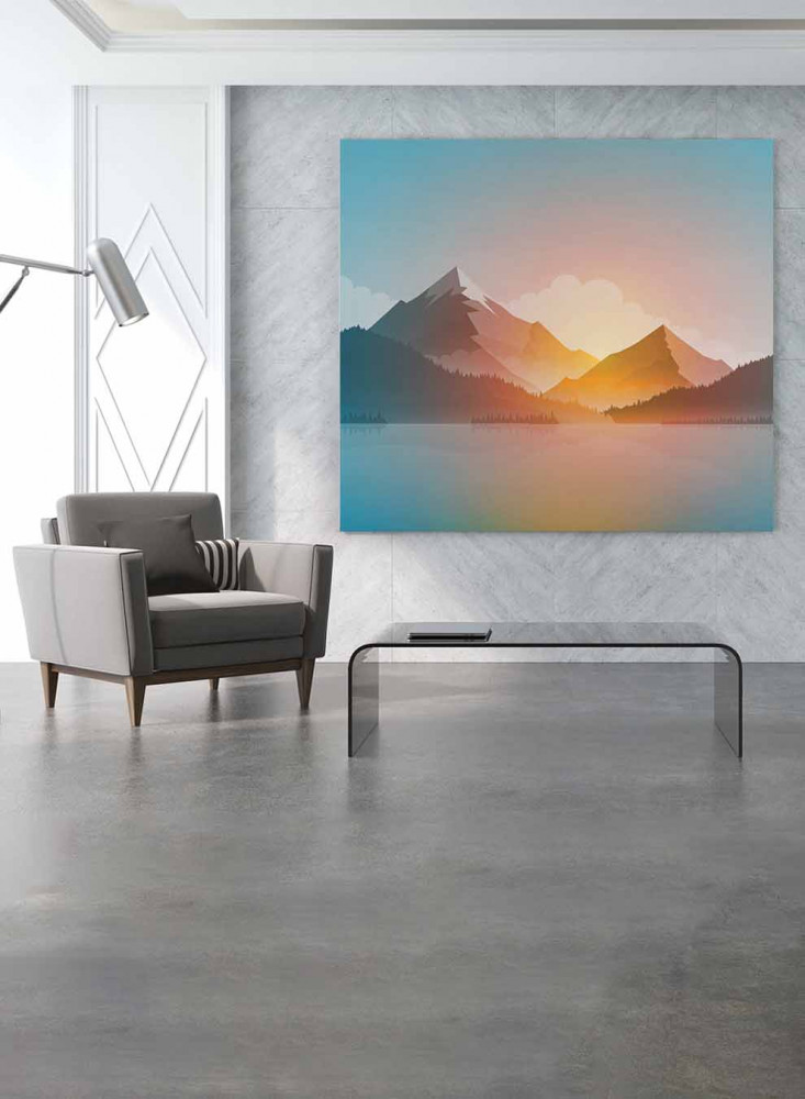 Canvas square painting on wooden frame, sunrise design on mountains, for home, living room, office, decoration