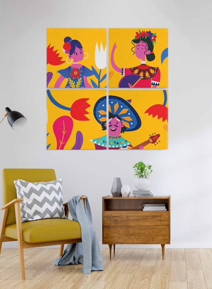 A set of 4 square canvas panels on a wooden frame, artistic design of colorful characters, for home, living room, office, decoration