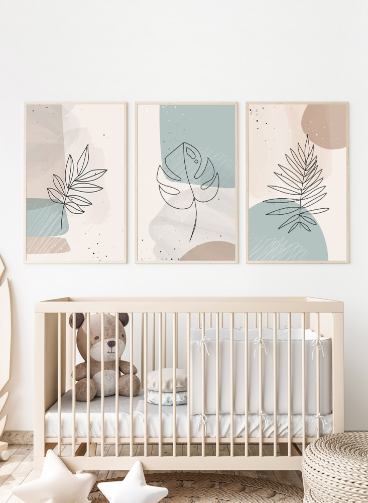 Set of 3 Canvas Paintings on Wooden Frame, Floral Leaves Design, for Home, Living Room, Office, Decoration