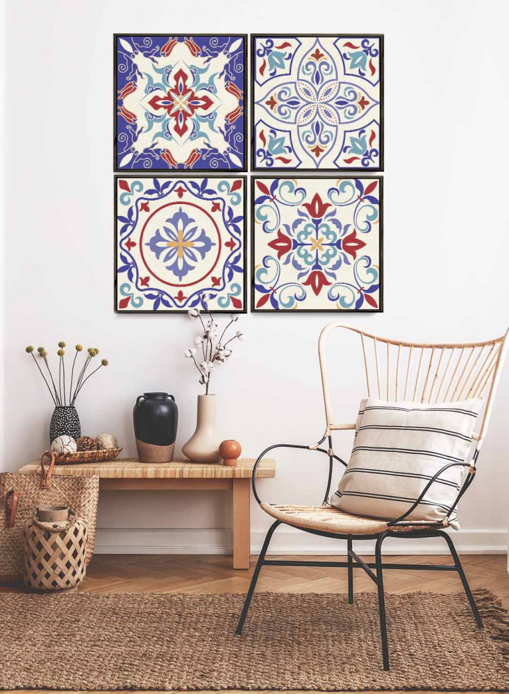 A set of 4 square canvas panels on a wooden frame, ceramic pattern design in vibrant colors, for home, living room, office, decoration