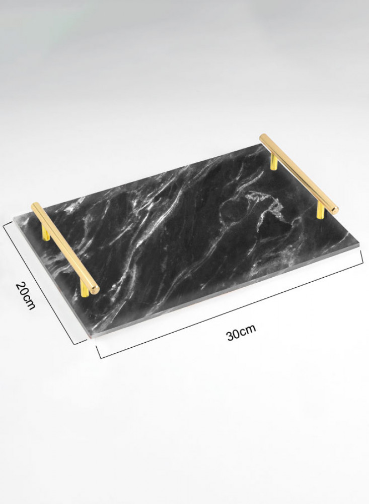 Serving tray made of acrylic, decorated with a marble design, with gold-tone metal handles