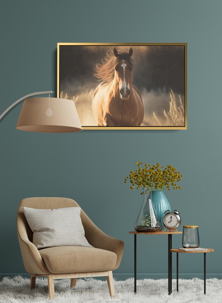 Canvas board on wooden frame with horse in the forest design