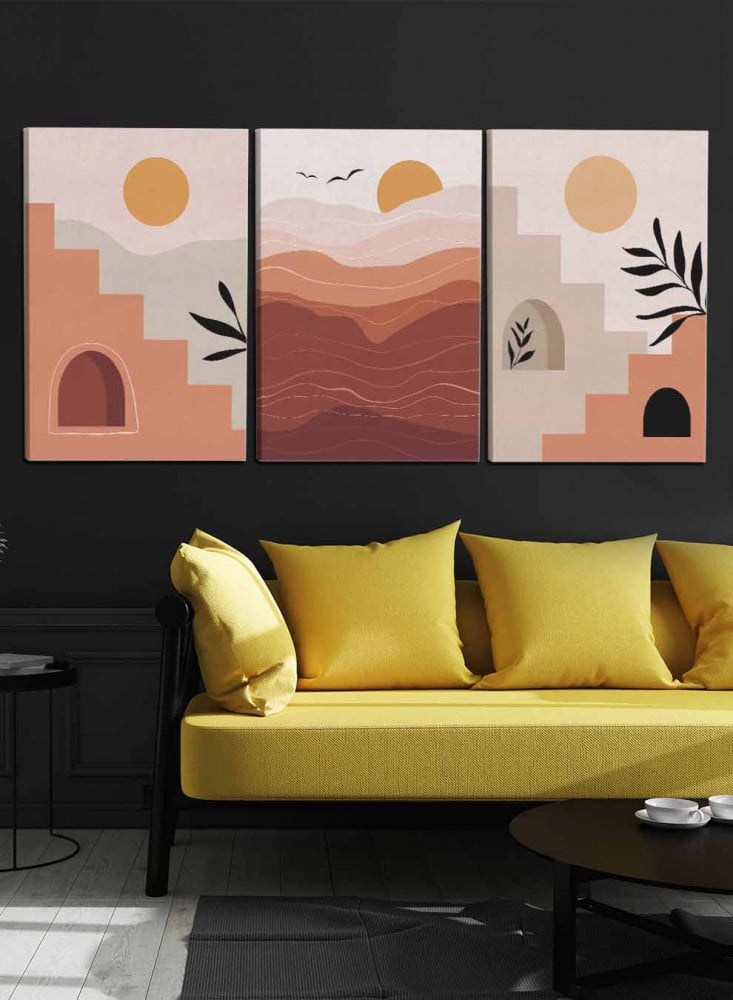 طقم من ٣ لوحات كانفاس على إطار خشبي، تصميم رسم تجريدي للنباتات والشمس، للمنزل، غرفة المعيشة، المكتب، الديكور