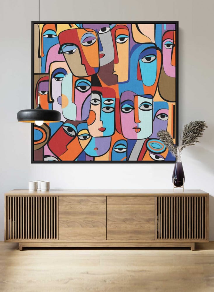 Canvas square painting on wooden frame, abstract art design of colorful faces, for home, living room, office, decoration
