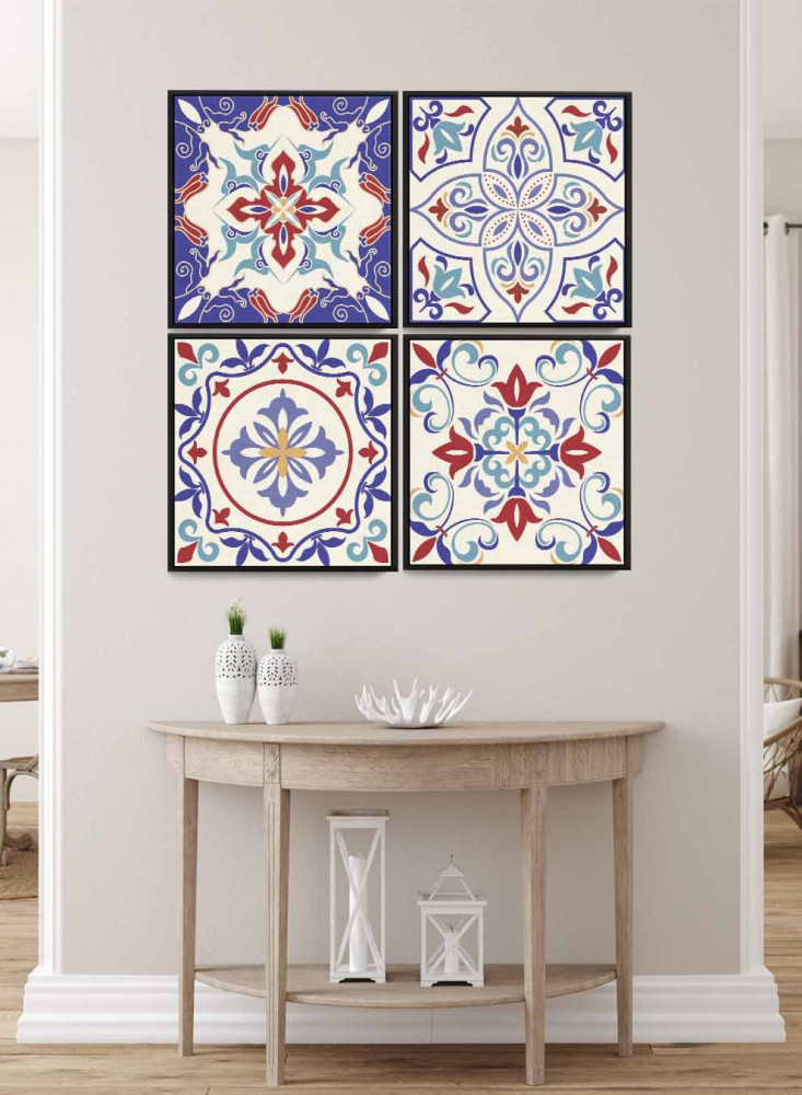 A set of 4 square canvas panels on a wooden frame, ceramic pattern design in vibrant colors, for home, living room, office, decoration