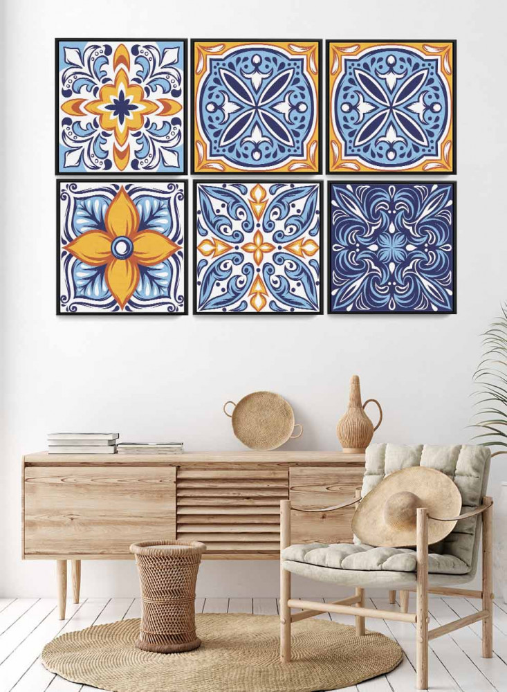 Set of 6 square canvas panels on a wooden frame, colorful Mexican pattern design, for home, living room, office, decor