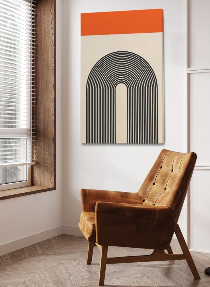 Canvas board on wooden frame with curved design of rainbow