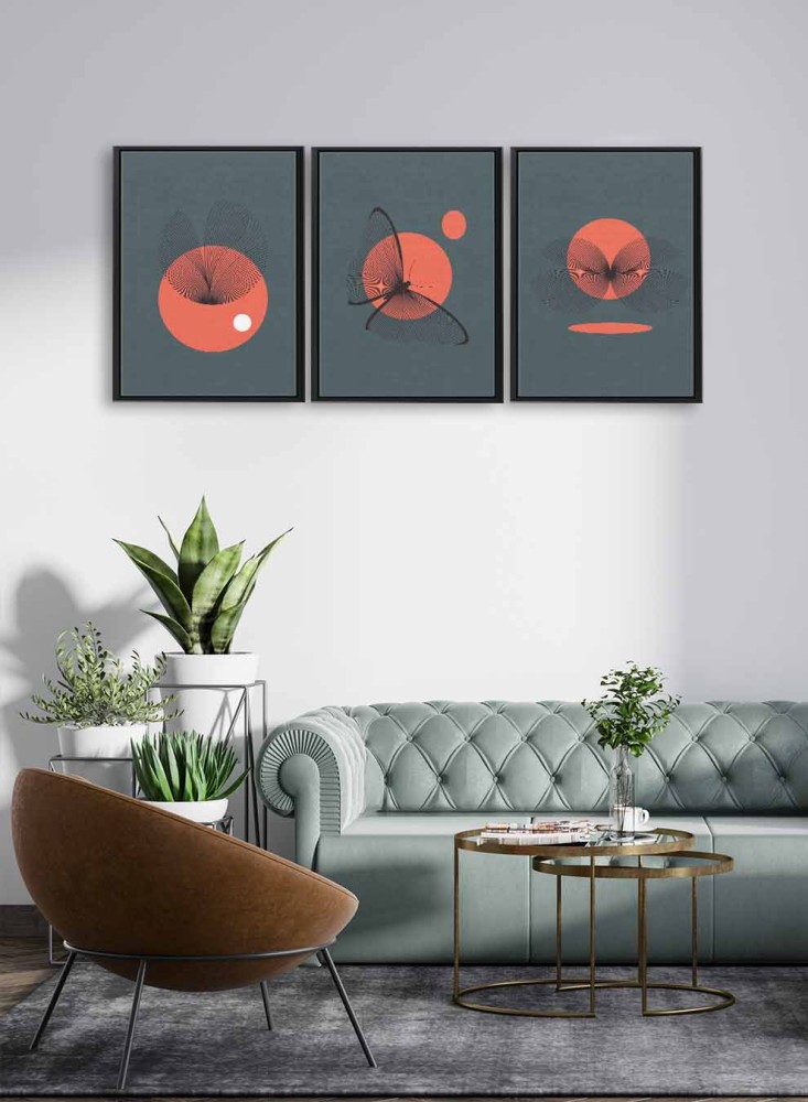A set of 3 canvas panels on a wooden frame with a butterfly design and the sun