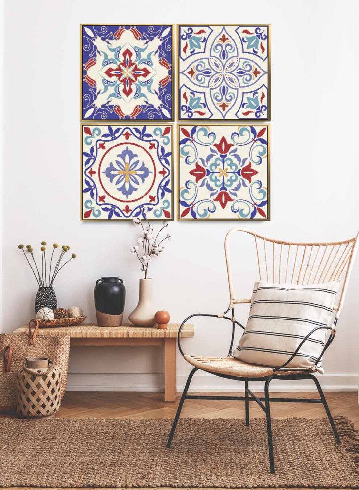 A set of 4 square canvas panels on a wooden frame, ceramic pattern design in vibrant colors, for home, living room, office, decoration