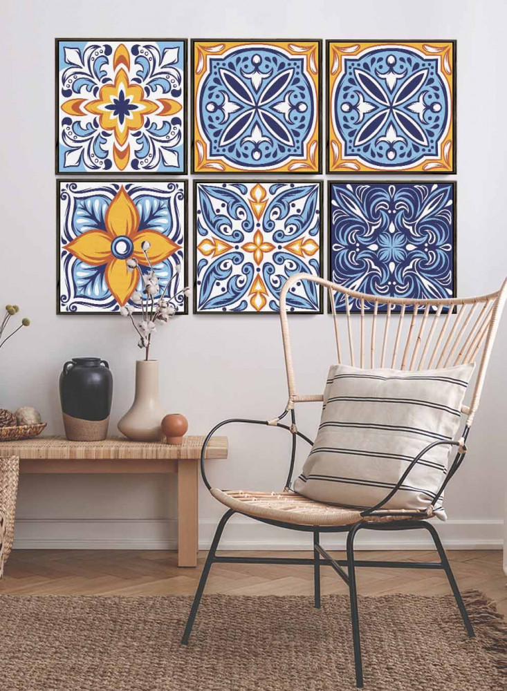 Set of 6 square canvas panels on a wooden frame, colorful Mexican pattern design, for home, living room, office, decor